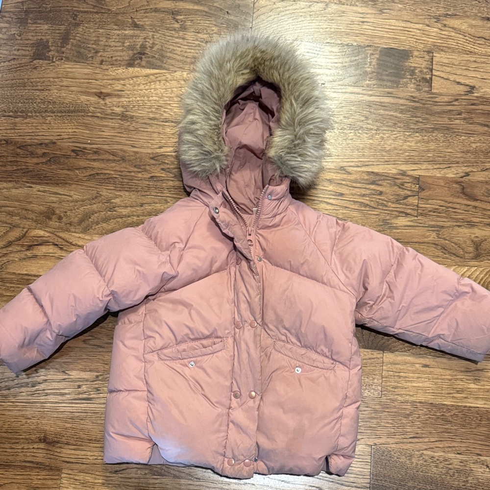 Zara Pink Puffer Jacket with Faux Fur Hood